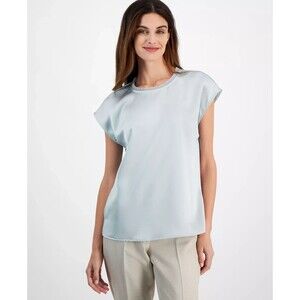 Tahari ASL Women's Fringe-Trim-Neck Short-Sleeve Satin Top Blouse Dusty Aqua XS